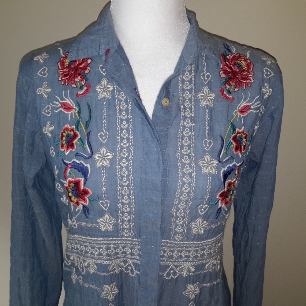 Johnny Was 3J Workshop Chambray Mini Shirtdress Blue XS